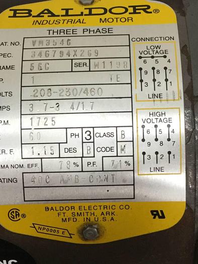 Used BALDOR 1 HP General Purpose Enclosed AC Motor VM3546 #92706