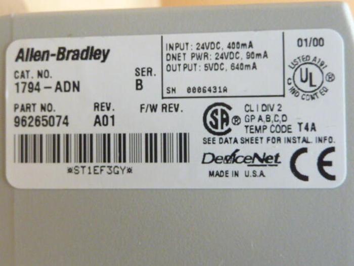 Used ALLEN BRADLEY Devicenet Adapter 1794-ADN SER B #33236