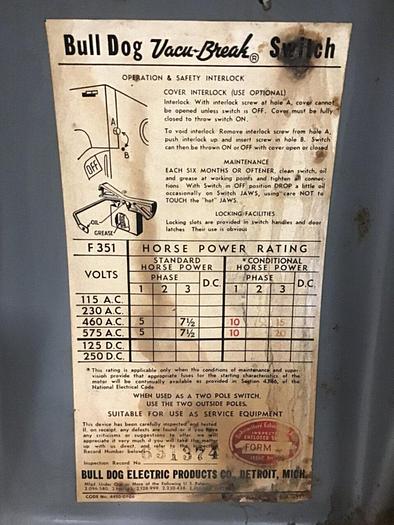 Used SIEMENS 30 Amp Disconnect Switch F351 #118838