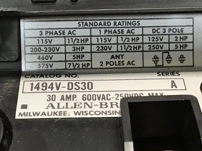 Used ALLEN BRADLEY 30 Amp Disconnect Switch 1494V-DS30 SER A #126256