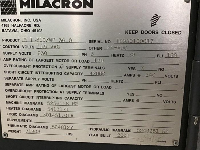 Used FERROMATIK MILACRON 310 Ton Injection Molding Machine MT310/WP-36.0 USED