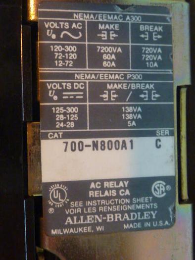 Used ALLEN BRADLEY AC Relay 700-N800A1 SER C #35518