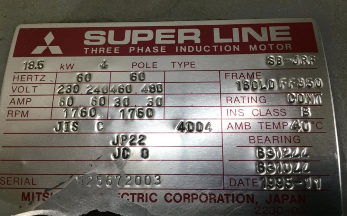 Used MITSUBISHI 25 HP Induction Motor SB-JRF 25 HP USED