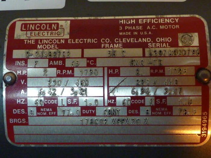 Used LINCOLN ELECTRIC 2 HP AC Motor D-2J4827C2796 #33747
