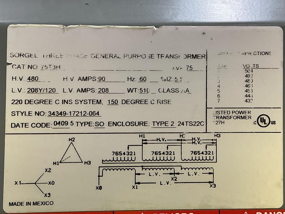Used SQUARE D 75T3H Transformer 75 KVA Used