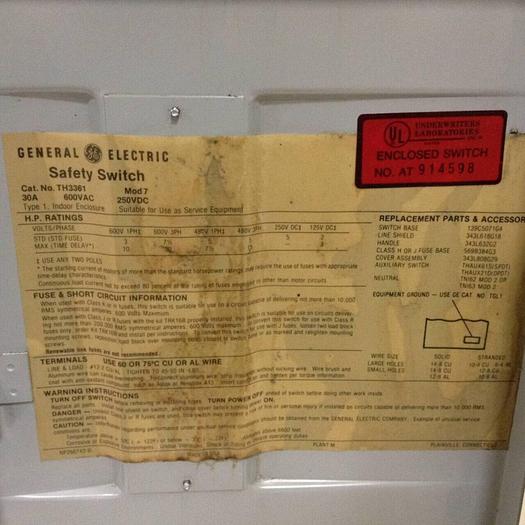 Used GENERAL ELECTRIC Safety Switch TH3661 #72247
