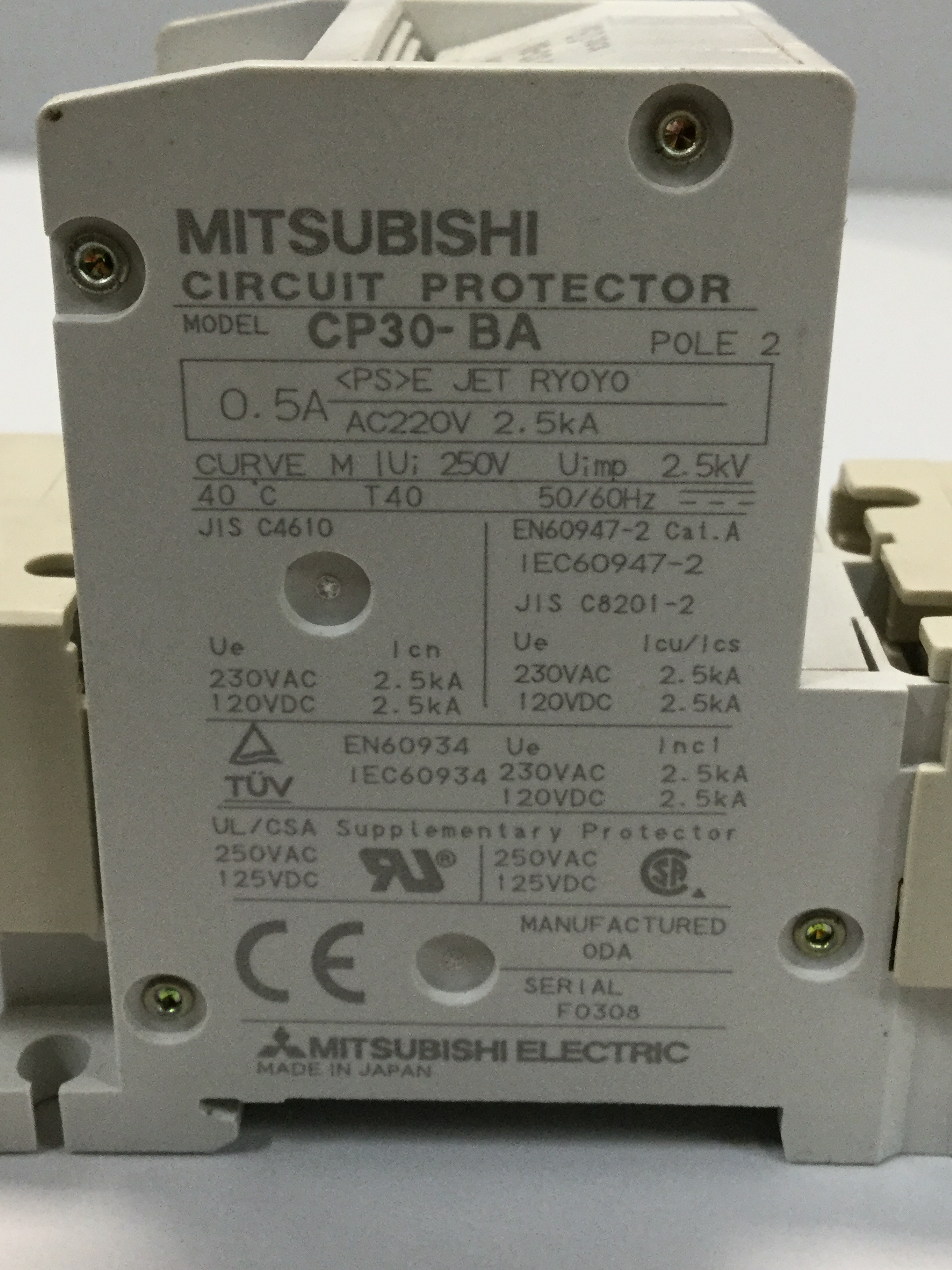 Used MITSUBISHI 0.5 Amp Circuit Protector CP30-BA-2P-0.5A USED