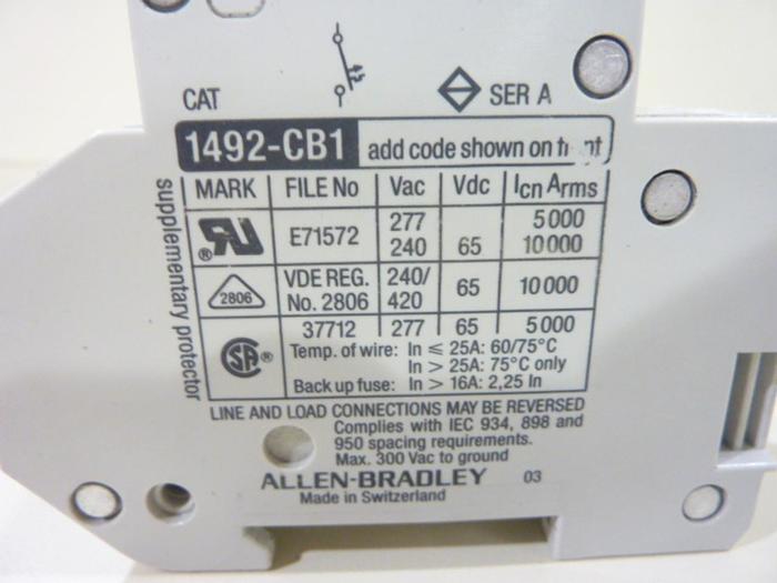 Used ALLEN BRADLEY Circuit Breaker 1492-CB1/G100/H1 SER A #41913