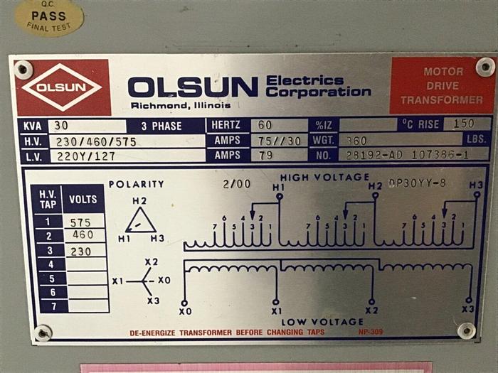 Used OLSUN 30 kVA Motor Drive Transformer 28192-AD #132723