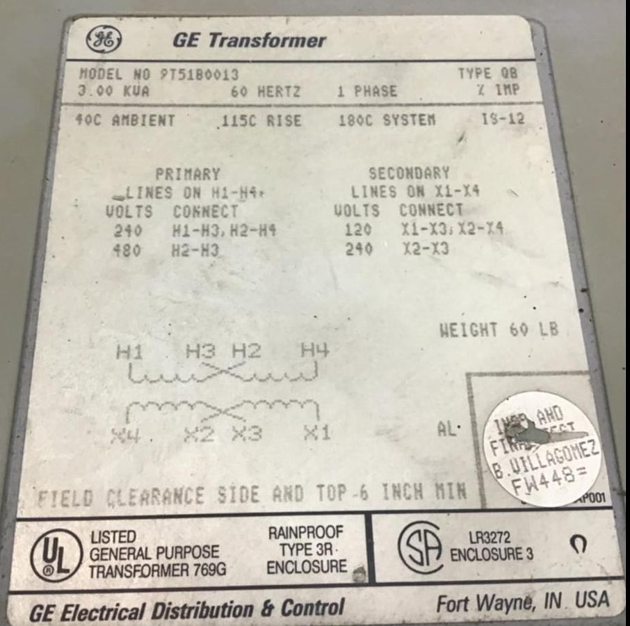 Used GENERAL ELECTRIC 3.00 kVA Transformer 9T51B0013 USED