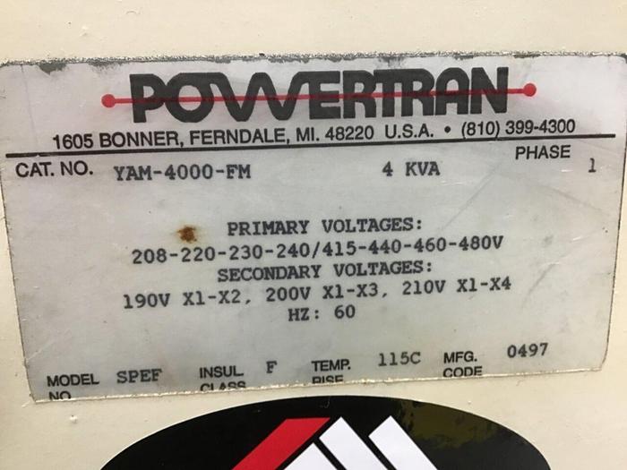 Used POWERTRAN 4 kVA Transformer YAM-4000-FM #122294