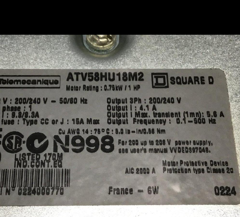 Used TELEMECANIQUE Variable Speed Drive ATV58HU18M2 USED
