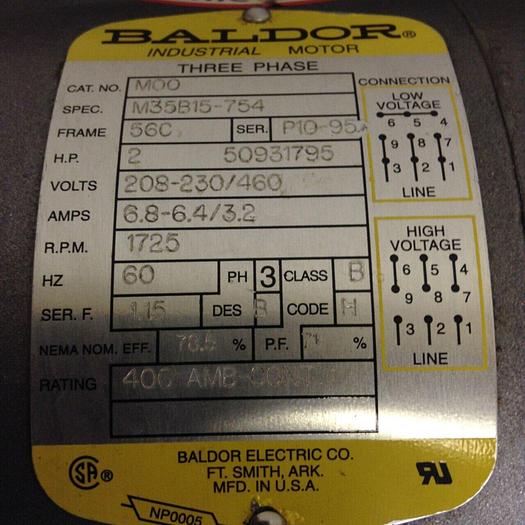 Used BALDOR 2 HP Motor w/ Stearns Brake MOO Used
