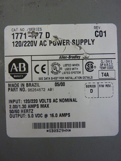 Used ALLEN BRADLEY Power Supply 1771-P7 SER D #46892