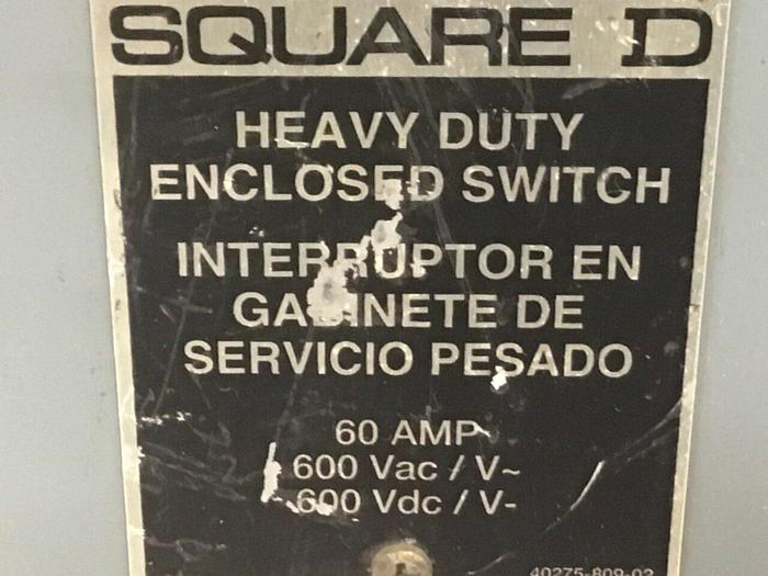Used SQUARE D Safety Disconnect Switch H362 F1 #128050
