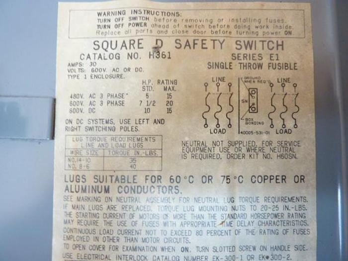 Used SQUARE D 30 Amp Safety Disconnect Switch H361 E1 Used