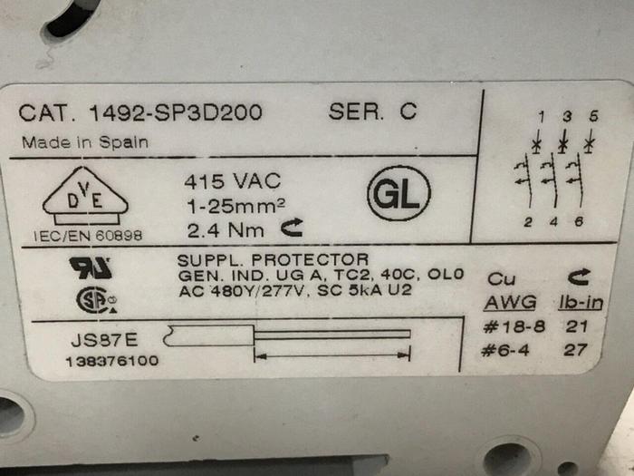 Used ALLEN BRADLEY Circuit Breaker 20 Amp 1492-SP3D200 #119631
