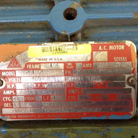 Used DELCO 3 HP AC Motor 2G1254 #74924