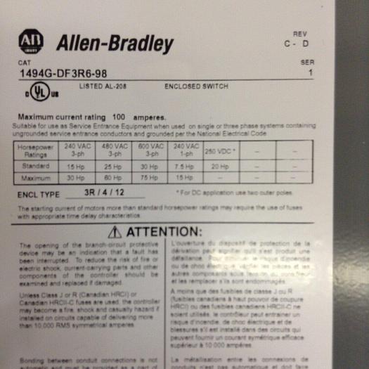 Used ALLEN BRADLEY Safety Switch 1494G-DF3R6-98 SER 1 #68128