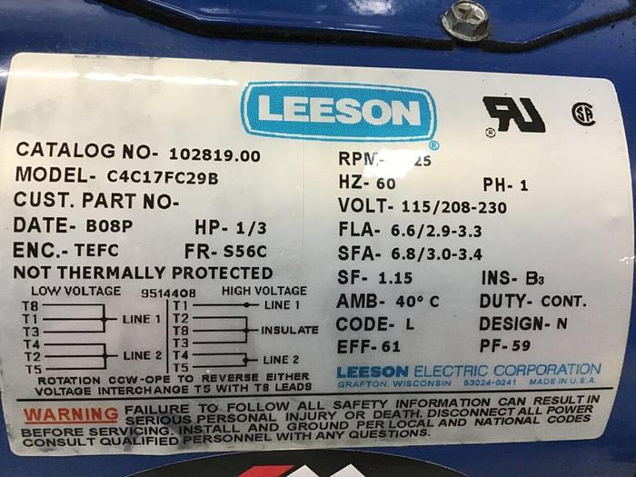 Used LEESON ELECTRIC CO 1/3 HP Motor C4C17FC29B #121912