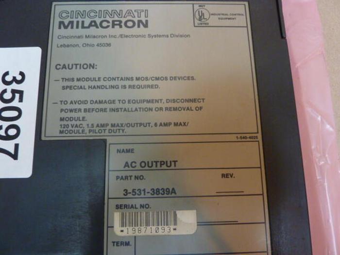 Used CINCINNATI MILACRON AC Output Module 3-531-3839A #35097