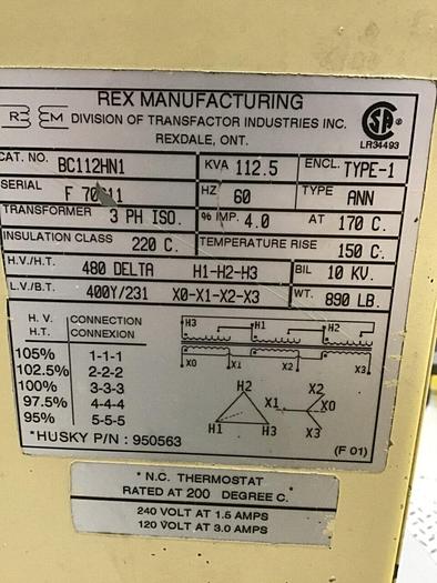 Used REX MANUFACTURING 112.5 kVA Transformer BC112HN1 Used