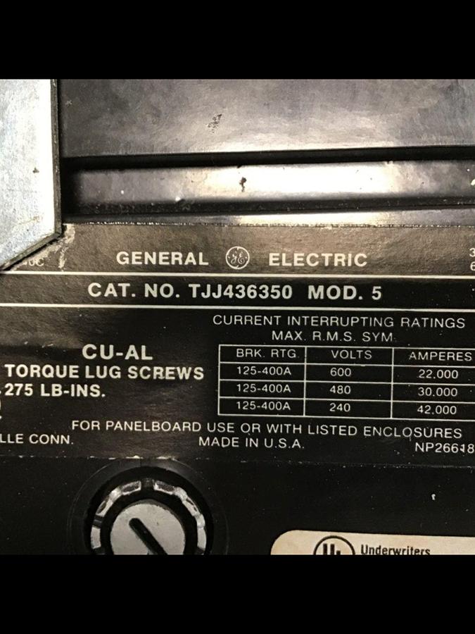 Used GENERAL ELECTRIC / GE 350 Amp Circuit Breaker TJJ436350 USED