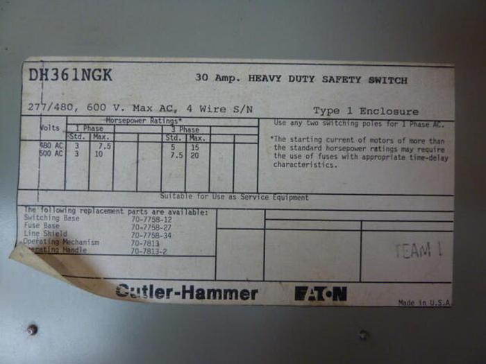 Used CUTLER HAMMER 30 Amp Safety Disconnect Switch DH361NGK #36025