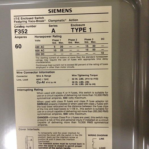 Used SIEMENS 60 Amp Safety Disconnect Switch F352 #75442
