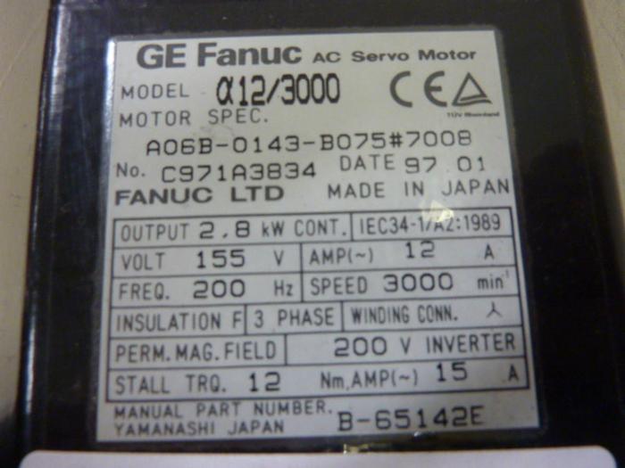 Used GE FANUC 3.75 HP AC Servo Motor A06B-0143-B075 #60370