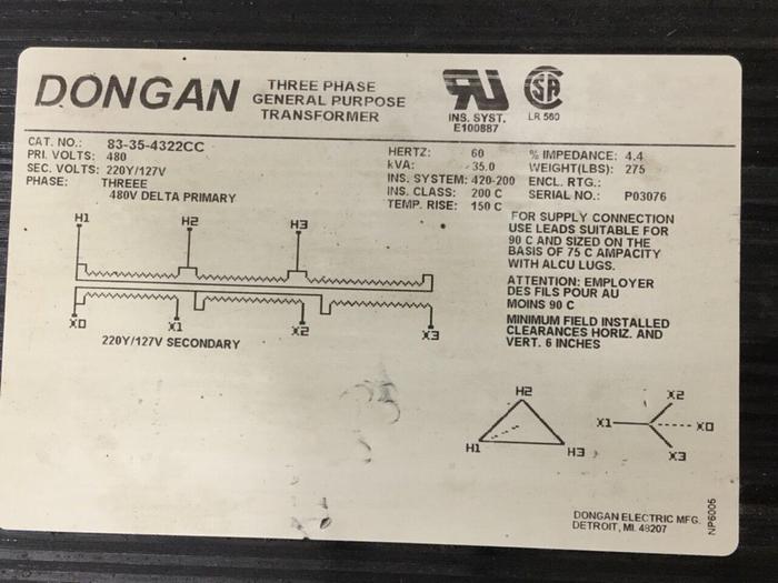 Used DONGAN 35.0 kVA Transformer 83-35-4322CC #103438