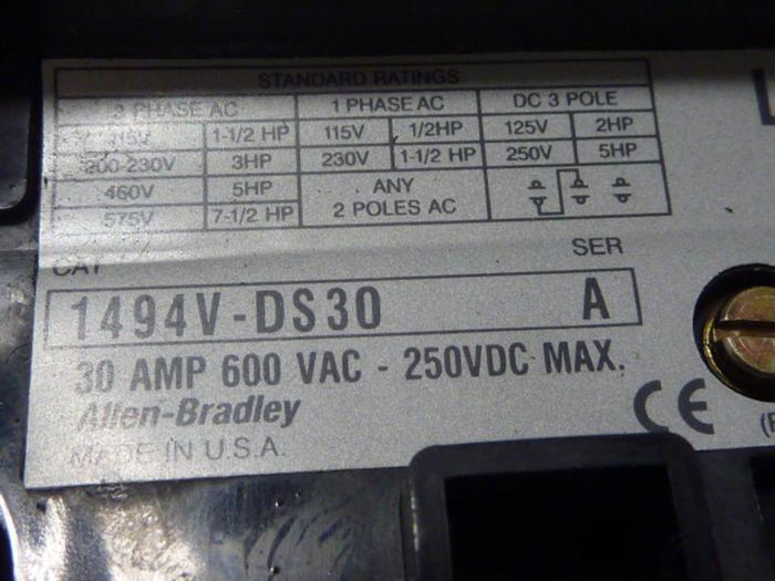 Used ALLEN BRADLEY 30 Amp Disconnect Switch 1494V-DS30 SER A #57419
