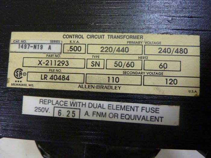Used ALLEN BRADLEY .500 kVA Transformer 1497-N19 SER A #50775