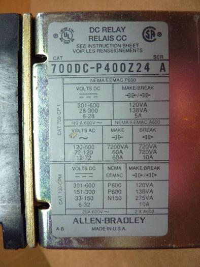 Used ALLEN BRADLEY DC Relay 700DC-P400Z24 SER A #39177
