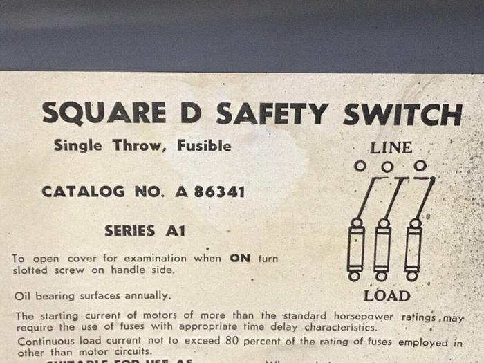 Used SQUARE D 30 Safety Switch A86341 #128049