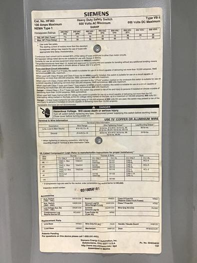 Used SIEMENS 100 Amp Safety Disconnect Switch HF363 #120532