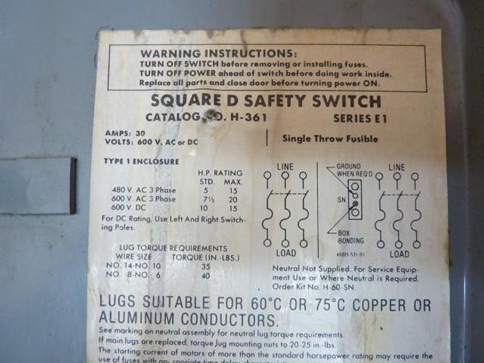 Used SQUARE D 30 Amp Safety Disconnect Switch H361 E1 Used