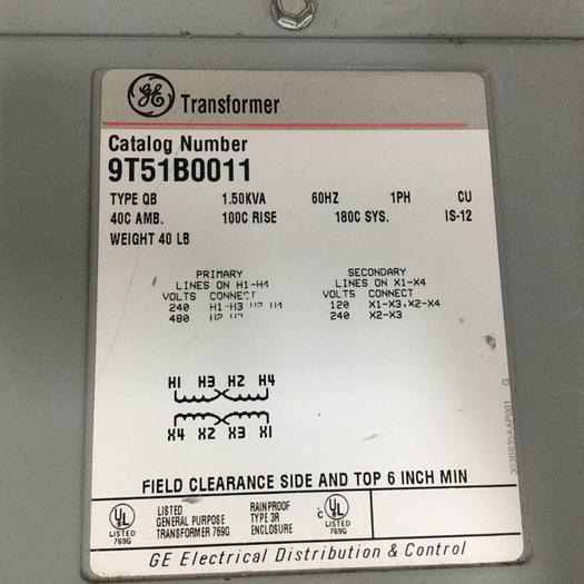 Used GENERAL ELECTRIC / GE 1.50 kVA Transformer 9T51B0011 #91173
