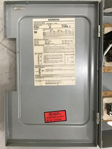 Used SIEMENS 30 Amp Disconnect Switch F351 #127039