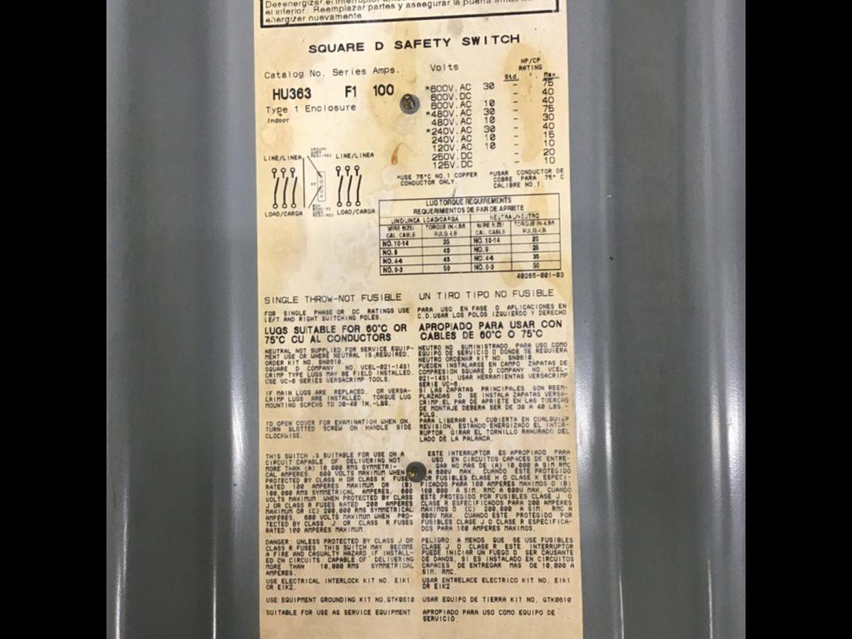 Used SQUARE D Disconnect Switch HU363 SER F1 USED
