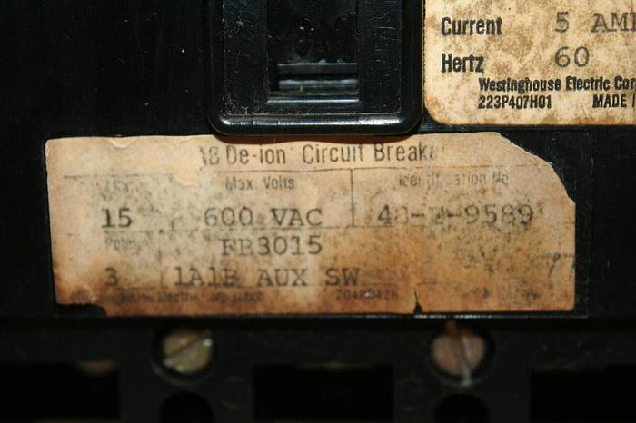 Used WESTINGHOUSE 15 Amp Circuit Breaker 4979D06G03 #20740