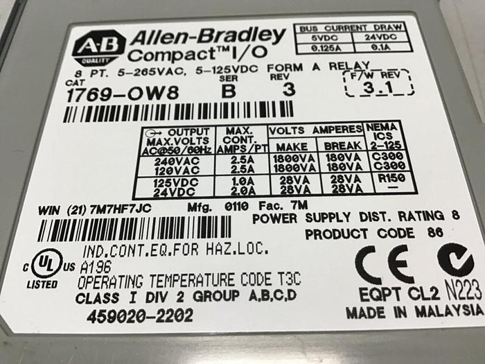 Used ALLEN BRADLEY Compact I/O Output Module 1769-OW8 SER B #140208