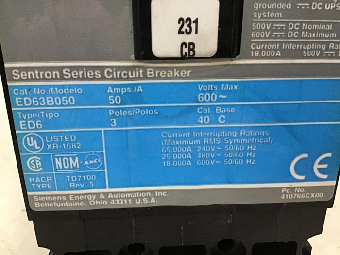 Used SIEMENS 50 Amp Circuit Breaker ED63B050 Used