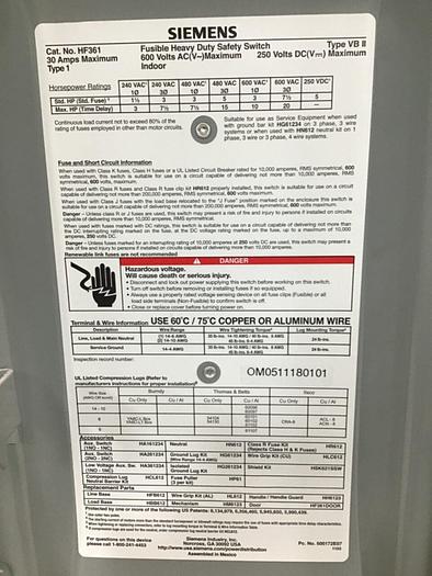 Used SIEMENS 30 Amp Disconnect Switch HF361 #114816