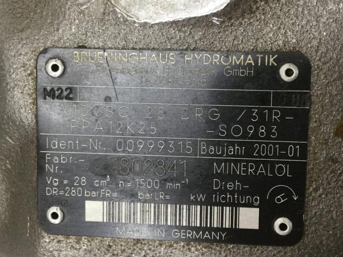 Used BRUENINGHAUS HYDROMATIK Hydraulic Pump A10VSO28DRG/31R-PPA12K25-SO983 Used