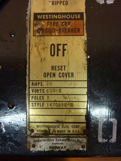 Used WESTINGHOUSE 20 Amp Bus Disconnect Switch 1470598-A #24424