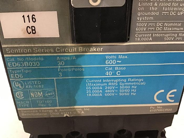 Used SIEMENS 30 Amp Circuit Breaker ED63B030 #138497