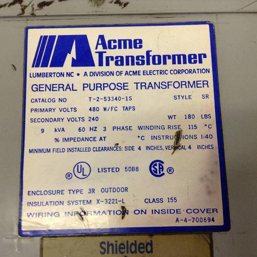 Used ACME TRANSFORMER 9 kVA Transformer T-2-53340-1S #80924