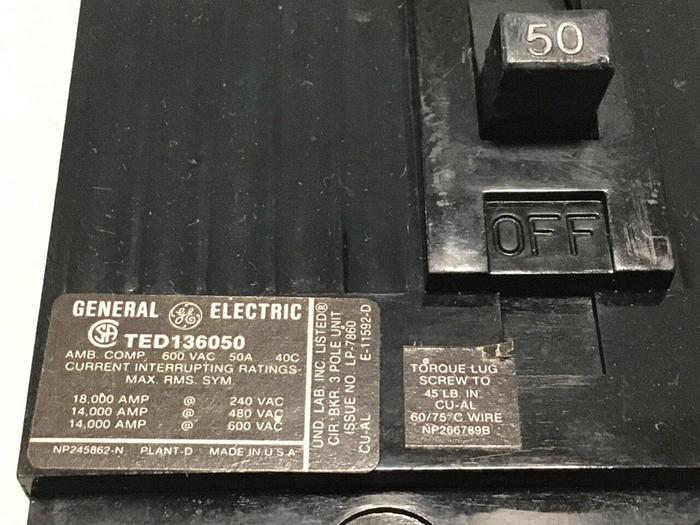 Used GE 50 Amp Circuit Breaker TED136050 USED