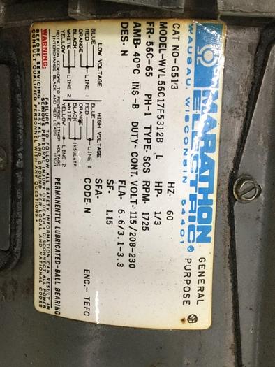 Used MARATHON 1/3 HP Motor WVL56C17F5312B #116545